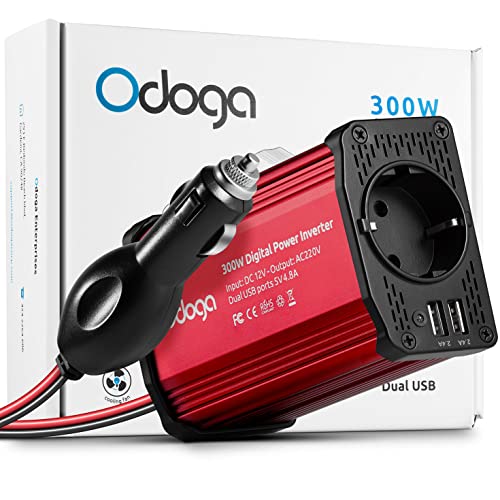 Odoga inversor 12v a 220v 300W para Coche, Convertidor con Puertos Doble USB - Adaptador Mechero Coche a Enchufe - Cargue Sus Dispositivos Electrónicos en Autocaravanas, Camper Furgoneta & Coche