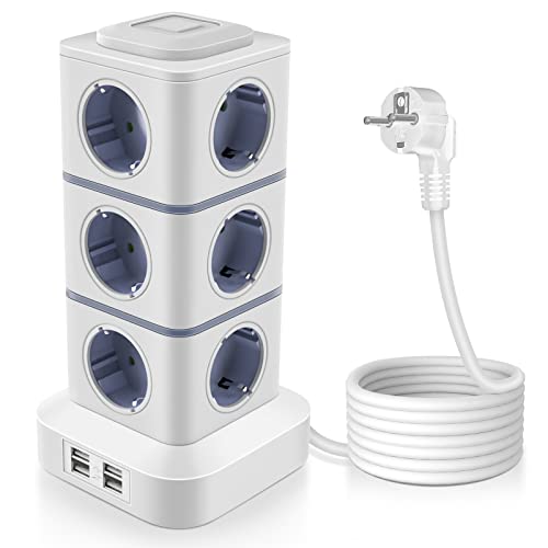 OLEKE Regleta Enchufes 2500W/10A Regleta Vertical Enchufes con 12 Tomas Corrientes y 4 Rápida USB Tomas Cable de extensión de 3m y Protección de Sobrecarga Inteligente Color Blanco