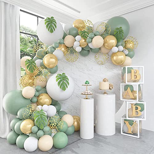 Oliva Verde Globo Arco Kit, 111Pcs Verde Salvia Globos Guirnalda con Blanco Oro Confeti Globos, Retro Verde Globo para Niño Cumpleaños Fiesta, Baby Shower Decoración,Jungla Safari Temática Fiesta,Boda