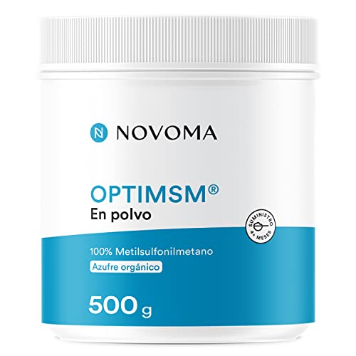 OptiMSM en Polvo 500 g | Alta Dosis de Azufre Orgánico | MSM 99,9% Puro y Sin Aditivos | Antiinflamatorio Muscular | Cuchara Dosificadora Incluida | Envasado en Francia | Novoma