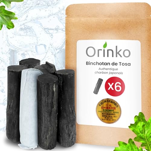 Orinko Binchotan Japonés de TOSA x6 (150 g, 25 g x 6) | Carbón Activado Binchotán Auténtico Tradicional de Japón (Kochi) Issu de Roble Ubame para la Purificación de Agua en Jarra