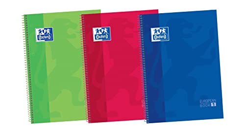 Oxford, Cuadernos A4, Cuadrícula 5x5, Tapa Extradura, 80 Hojas Microperforadas, 1 Banda de Color. Pack 3 Libretas, Colores Vivos