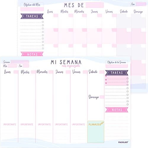 PACKLIST Planificador Semanal + Planificador Mensual - Pack de 2 planners Organizador Semanal + Mensual A4, Planning de Escritorio. Agendas, Planificadores y Calendarios Mes+Semana de Diseño Exclusivo