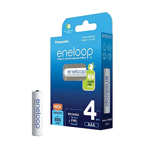 Panasonic eneloop Pilas Ready-to-Use Ni-MH, AAA/Micro, Pack de 4, Capacidad mínima Mejorada de 800 mAh, Vida útil de 2100 recargas, Pilas Recargables envase Libre de plásticos, Blue