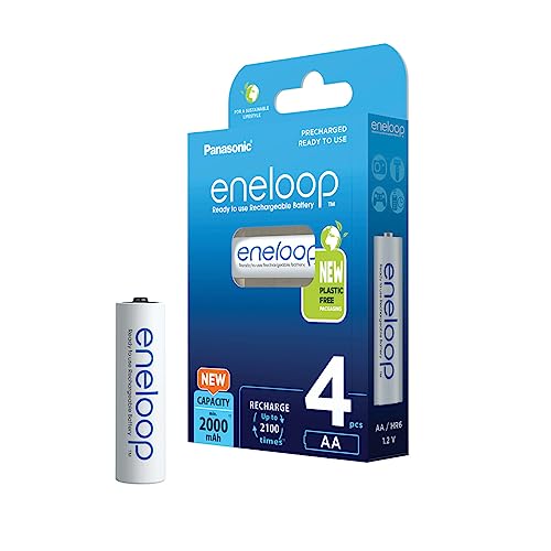 Panasonic eneloop Pilas Ready-to-Use Ni-MH, AA/Mignon, Pack de 4, Capacidad mínima Mejorada de 2000 mAh, Vida útil de 2100 recargas, Pilas Recargables envase Libre de plásticos, Blue