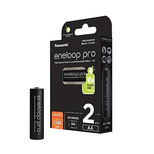 Panasonic eneloop Pro Pilas Ready to Use Ni - MH, AA/Mignon, Pack de 2, bajo Nivel de autodescarga, Capacidad mínima de 2500mAh, Vida útil de 500 recargas, Pilas Recargables