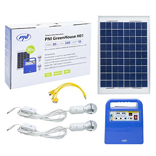 Panel solar, sistema de energía solar portátil, generador de energía PNI GreenHouse H01 30W con batería de 12V / 7Ah, USB/Radio / MP3, 2 bombillas LED