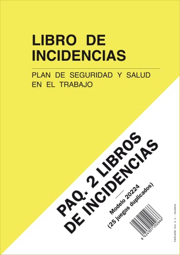 PAQ. 2 LIBROS DE INCIDENCIAS. Plan de Seguridad y Salud en el Trabajo. A4, 25 folios duplicados y numerados.