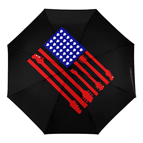 Paraguas de viaje con bandera americana de guitarra, portátil, resistente al viento, plegable, para lluvia, apertura y cierre automático
