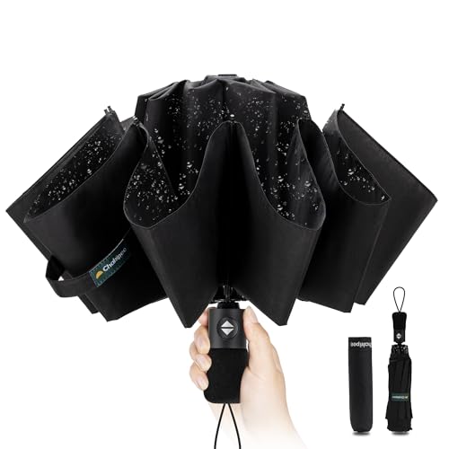 Paraguas Plegable Antiviento Hombres - Paraguas Invertido Negro Resistente Viento, Paraguas Automático Portátil Compacto de Viaje, Revestimiento de Teflón 210T Abarca 105cm Grande de 10 Varillas