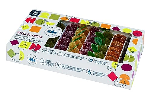 Pasta de Frutas 1 kg, frutas de huerto, sabores (manzanas verdes, albaricoques, cerezas negras, ciruelas, peras amarillas), sin gluten, sin conservantes, sin colores o sabores artificiales.