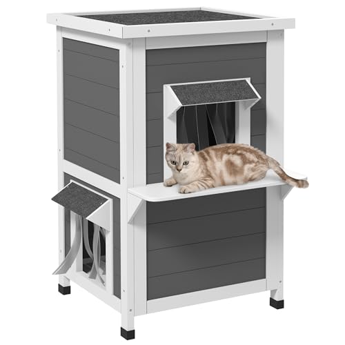 PawHut Caseta para Gatos de Madera 60x60x81,5 cm Casa para Gatos Refugio para Gatos de 2 Niveles con Cueva Cortina de Puerta Aleros Impermeables y Terraza Gris y Blanco