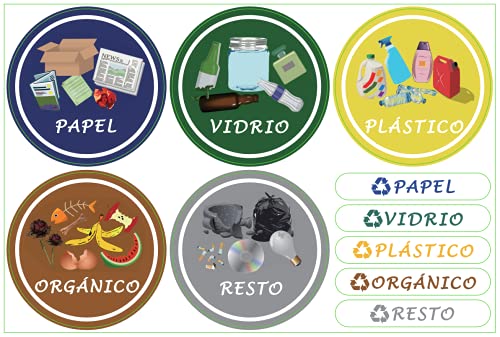 Pegatinas para el Reciclaje,6 Etiquetes Adhesives per al Reciclatge d'Escombraries, Adhesius per a la gestió de residus,Cadascuna diámetro 9.8cm,Texto en Españo