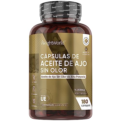 Perlas de Ajo Desodorizado, Dosis Alta 15000mg, 180 Cápsulas Sin Olor Ni Sabor, para 6 Meses de Suministro, Extracto de Aceite de Ajo Fuente de Alicina, Suplemento Alimenticio Sin Gluten