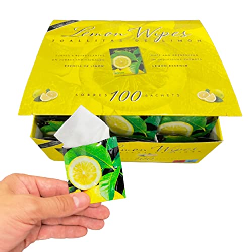 PKS- 100 Toallitas Refrescantes Limón para Manos – Sobres Individuales – Uso Doméstico y Restaurantes – Celebraciones – Lemon Wipes Suaves y Húmedas – Eliminan olor Pescado, Marisco, Frituras, Bbq