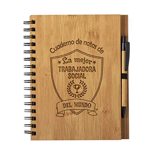 Planetacase Cuaderno de Notas la Mejor trabajadora social del Mundo - Libreta de Madera Natural con Boligrafo Regalo Original Tamaño A5