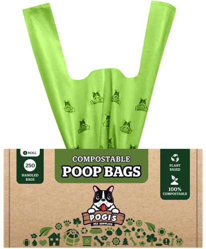 Pogi's Compostable Poop Bags - 250 bolsas para perros con asas fáciles de atar, a base de plantas, bolsas de residuos compostables para el hogar con certificación ASTM D6400, EN13432