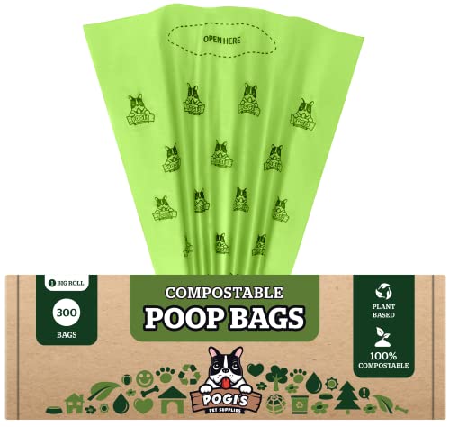 Pogi's Poop Compostable Bags - 300 bolsas - Grab & Go - A prueba de fugas, extragrandes, a base de plantas, bolsas de residuos compostables para el hogar con certificación ASTM D6400, EN13432