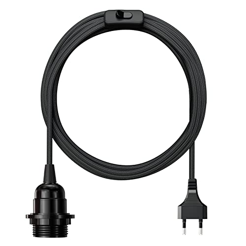 Portalámparas E27 con Enchufe e interruptor, Casquillo con Cable Retro Trenzado de 4,5 M, Porta Lamparas de baquelita, Para Araña de Techo de Bricolaje, Lámpara de Piso, PEBA(Negro)