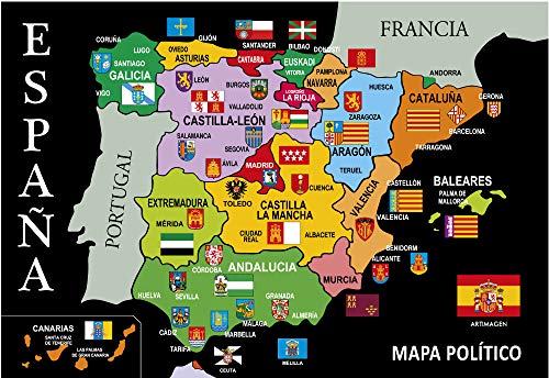 Postal Mapa Político de España Negro 16x11 cm.