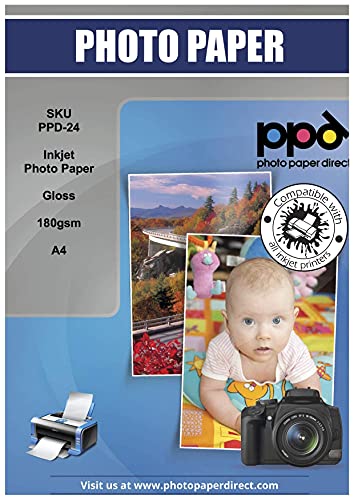 PPD Inkjet - A4 x 100 Hojas de Papel Fotográfico Brillante 180 g/m² - Calidad Profesional para Uso Diario - Secado Instantáneo - Para Impresión de Inyección de Tinta - PPD-24-100