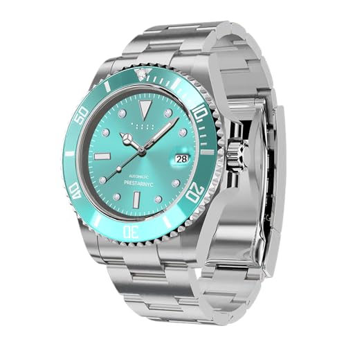 Prestar nyc Aquaman Classic Diamond Automatic Mechanical Watch (Blue Turquoise) - Silver Strap Blue Dial Diamond Watch - 40mm Round Dial-Full Steel Waterproof Watches With Calendar