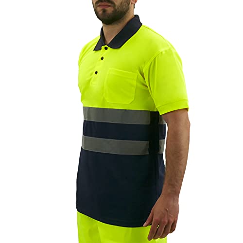 PrimeMatik - Camiseta Tipo Polo de Manga Corta Reflectante Amarillo Azul para Seguridad Laboral de Talla L