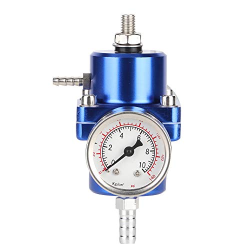 Qiilu Regulador de presión de combustible, regulador de presión de combustible FPR universal de aleación de aluminio con manguera de calibre 0-140psi ajustable [azul]