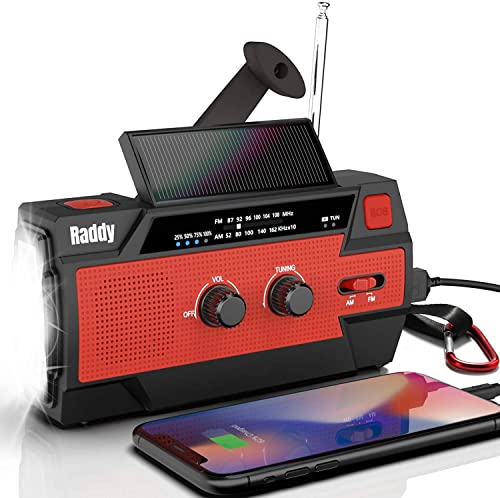 Raddy SW3 Radio de manivela 5000mAh Radio de Emergencia Solar portátil con Radio Am/FM Carga de teléfono USB Linterna LED Alarma SOS para Acampar al Aire Libre (Rojo)