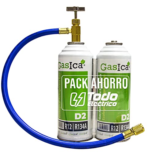 Ralertreik Pack Ahorro GASICA D2 (2 Botellas de 226Gr) Gas Refrigerante Ecológico Orgánico Gasica D2 sustituto de R12, R134A más Manguera con Llave Recarga Gas