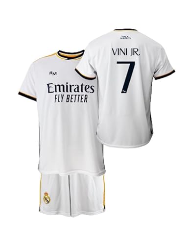 Real Madrid Conjunto Niño Camiseta y Pantalón Primera Equipación de la Temporada 2023-2024 - Vini JR. 7 - Replica Oficial con Licencia Oficial - Niño (12 Años)