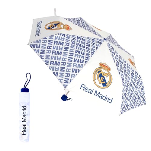 Real Madrid Paraguas Plegable Compacto, Paraguas para Niño, Estructura Alta Resistencia, Paraguas Clasico Club de Futbol Real Madrid | Blanco