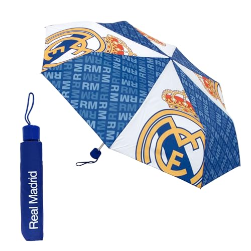 Real Madrid Paraguas Plegable Compacto, Paraguas para Niño, Estructura Alta Resistencia, Paraguas Clasico Club de Futbol Real Madrid | Multicolor