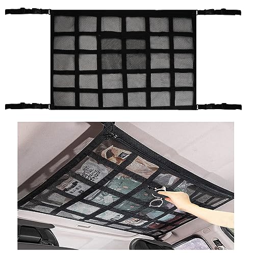 Red Almacenamiento para Techo de Coche, 90 X 65cm Redes de Almacenaje para Coche, Organizador Bolsa de Red de Carga, Doble Capa de Malla Red de Bolsillo de Viaje Largo para Camión Van SUV