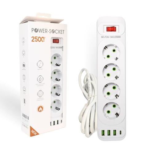 Regleta enchufes con 4 enchufes de 220V + 3 USB y 1 USB-C, Proteccion sobretension, Interruptor de Apagado/Encendido, Cable de 2 Metros, normativa CE.2500W