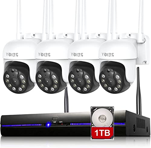 REIGY 3MP Kit Camara de Vigilancia WiFi Exterior PTZ con Audio Bidireccional, 1296P Sistema de Seguridad IP Interior, 4X Camara IP y 8CH NVR, Visión Nocturna Detección Movimiento 1TB HDD