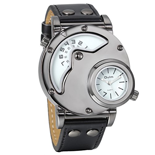 Reloj de pulsera de cuarzo analógico informal Avaner para hombre con esfera grande de dos husos horarios y correa de piel sintética negra