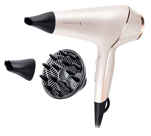 Remington Secador de Pelo PROluxe, Tecnología OPTIHeat, Iónico, Peinados Duraderos y Sin Encrespamiento, 2400 W, Motor AC, Difusor y Concentrador, 3 Temperaturas, 2 Velocidades, AC9140, Color Rosa