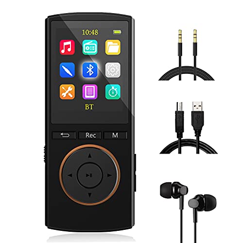 Reproductor MP3 Bluetooth Mejorado 32GB, Multifunción Música Grabador FM Radio, Rasgando, Shuffle, HiFi, Negro Mate(Auriculares con Cable, Cable Auxiliar y Cable Micro USB incluidos)…