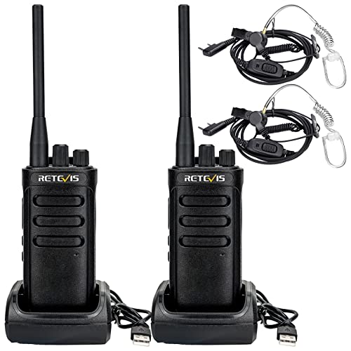 Retevis RB85 Walkie Talkie con Auriculares, Walkie Talkie Largo Alcance 2000 mAh, 16 Canales Radio Profesional de Dos Vías con Base de Carga USB para Sitio de Construcción, Restaurante (Negro, 2Pcs)