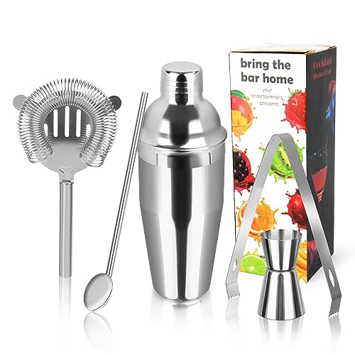RISVOWO 750ML Coctelera, 5 Piezas Juego de Cocktail Shaker inox, coctelera Profesional Herramientas con Medidor, Cuchara, para Mezclar Bebidas, Hogar, Barra, Fiestas (Plata) RISVOWO 750ML Coctelera, 5 Piezas Juego de Cocktail Shaker inox, coctelera Profesional Herramientas con Medidor, Cuchara, para Mezclar Bebidas, Hogar, Barra, Fiestas (Plata)