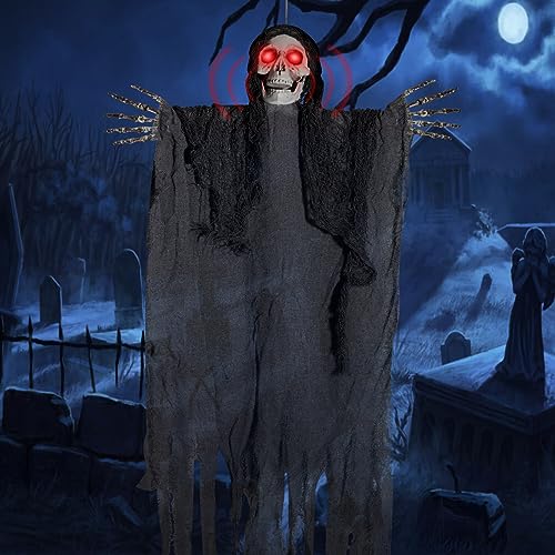 ROEXUN Esqueleto Colgante para Halloween,Decoración Colgante de Halloween Espeluznante Cráneo Colgante Fantasma Decoración Colgante con Gritos y Ojos Brillantes,Decoración de Terror de Halloween