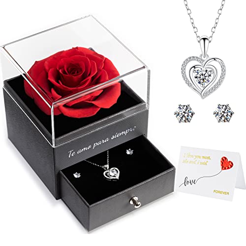 Rosa Eterna Preservada Real Caja de Regalo con Collar y Aretes, Hecho Románticos Regalo para Mujer Mama Novia, para Navidad Cumpleaños Aniversario Dia de San Valentin Dia de la Madre