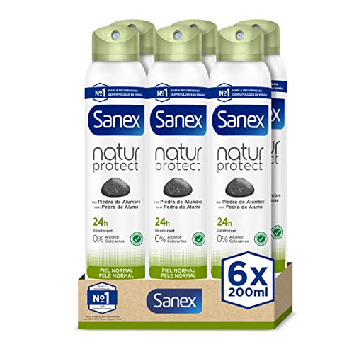 Sanex Natur Protect Desodorante Spray, Pack 6 Uds x 200 ml, Protección 24H contra el Mal Olor, con Piedra de Alumbre, 0% Alcohol, Sin Alérgenos ni Colorantes, Piel Normal