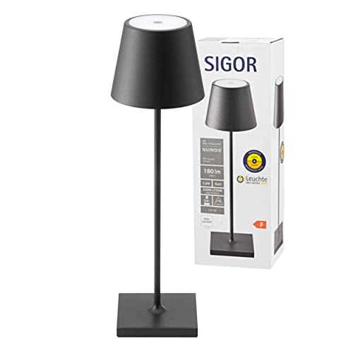 SIGOR Nuindie - Lámpara de mesa con pila de led regulable para interiores & exteriores, altura de 38 cm, recargable con Easy-Connect, 24 h de iluminación, Negro noche