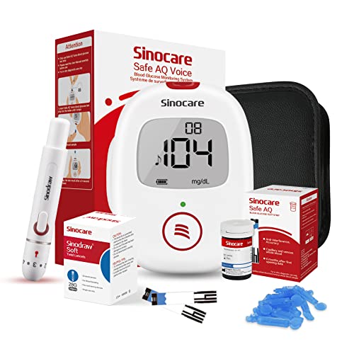 Sinocare Kit Medidor de Glucosa en Sangre, Glucómetro, 25 x Tiras de Prueba y Dispositivo Punción - mg/dL (Safe AQ Voice)