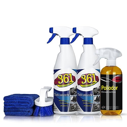 Sisbrill Kit Tapicerías. Limpia y desodoriza Sofas de Coche, Alfombrillas, Textil. 2x750 ml de 361 + 1x500 ml de Poliodor + 1 Cepillo Profesional + 2 microfibras.