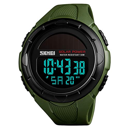 SKMEI - Reloj deportivo digital solar para hombre, resistente al agua hasta 50 m, esfera grande negra con cronómetro, alarma, resistente a los golpes, LED