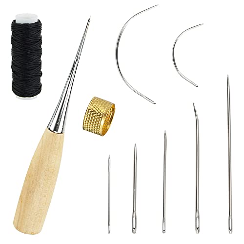 skytowards 10 PCS Agujas de Coser Kit de Costura de Cuero Agujas para Coser Agujas de Coser a Mano Herramientas para Coser Piel Encerado de Cuero con Taladro Curvas con Punzón para Reparación de Cuero