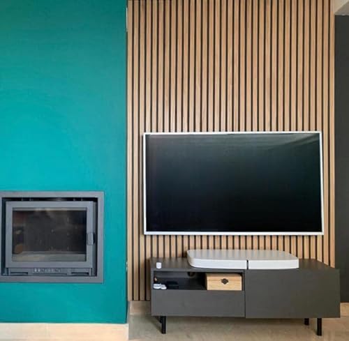 SLATFY Listones Decorativos de madera de Roble Barnizado. Sistema Autoadhesivo de Fácil instalación. Panelado Acustico (15unidades, 8,55 metros lineales, COLOR LIGHT)